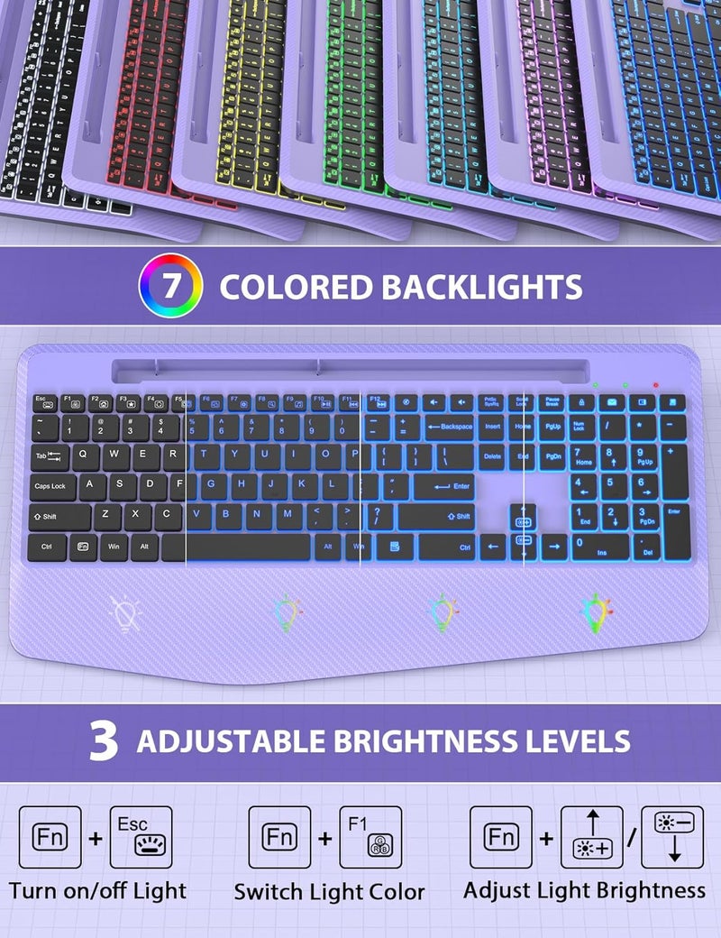 SABLUTE Wireless Keyboard and Mouse Backlits, Wrist Rest, LED Mouse, Rechargeable Ergonomic Keyboard with Phone Holder, Silent Light Up Combo for Computer, Mac, PC, Laptop, Chromebook (Purple) - Image 2